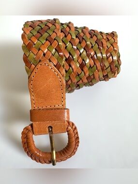Vintage Sonali Woven Braided Leather Belt Brown Tan Green Earthy Safari Boho